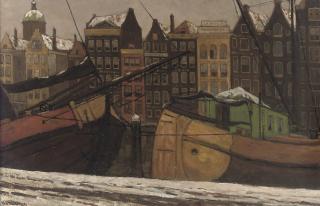 Marie Henri MacKenzie - Damrak Amsterdam: moored boats in winter