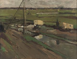 Marie Henri MacKenzie - Studie Heistelling langs de Slatuinen te Amsterdam: construction work at the Slatuinen, Amsterdam