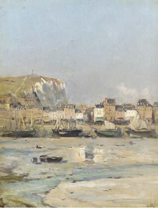 Marie-Joseph-Léon Clavel Iwill - Sailboats beached on the Shore of a Seaside Town