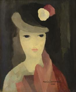 Marie Laurencin - Bérénice Or Buste De Jeune Femme Avec Une Rose Rose Et Une Rose Blanche Sur Son Chapeau
