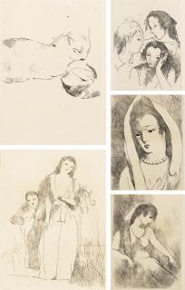 Marie Laurencin - (I) Bionnette Et Grisou (Marchesseau 229) (Ii) Jeune Femme Et Son Fils (Marchesseau 222) (Iii) Trois Jeunes Filles (2) (Marchesseau 220) (Iv) Jeune Abandonnée (Marchesseau 221) (V) Jeune Femme Inquiète (Marchesseau 219)