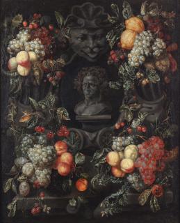 Marie Tassaert - A garland of fruit surrounding a bust of Bacchus in a stone niche