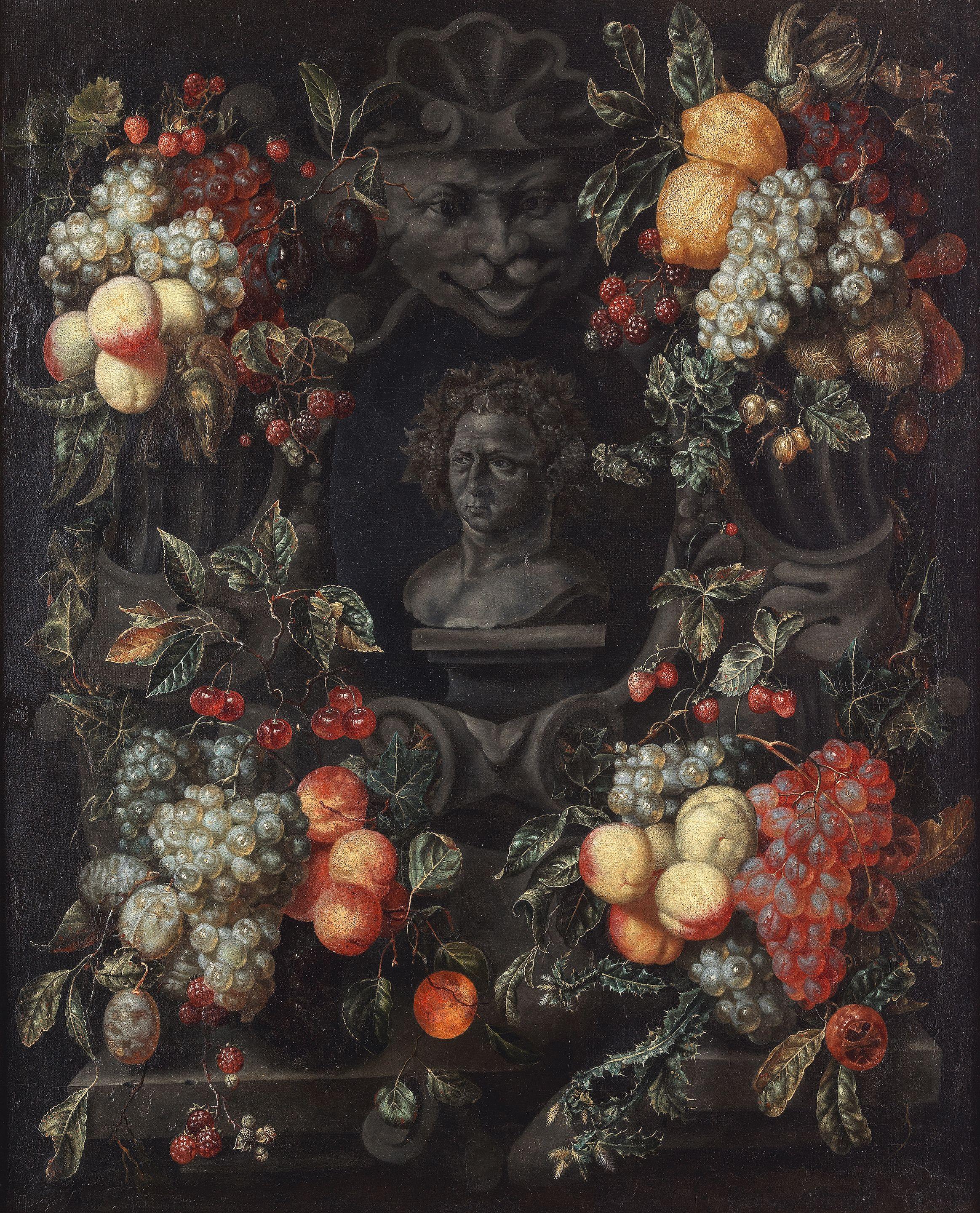 Marie Tassaert - A garland of fruit surrounding a bust of Bacchus in a stone niche