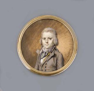Marie-Thérèse De Noireterre - A boy, full face in brown coat, yellow waistcoat, white shirt and pink and black striped tied cravat, powdered hair