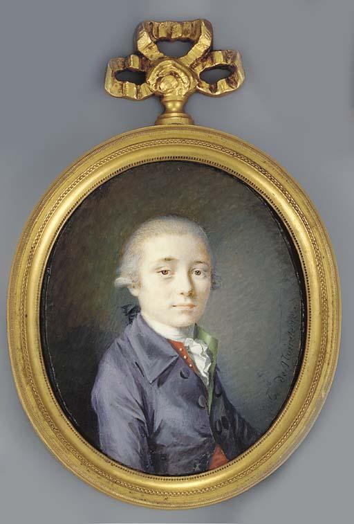 Marie Thérèse De Noireterre - A young gentleman, facing right in purple coat, green-lined red waistcoat with gold buttons, frilled cravat, powdered hair en queue