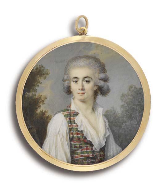 Marie-Thérèse de Noireterre - A Young Gentleman, In Red And Green Checked Waistcoat, Open White Shirt With Frilled Jabot, Powdered Wig; Foliate Background