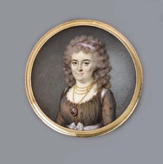 Marie-Thérèse De Noireterre - A young lady wearing a portrait miniature of a gentleman on a gold chain around her neck, facing left in brown silk dress with white sash tied in a bow, pink ribbon in her long powdered curling hair