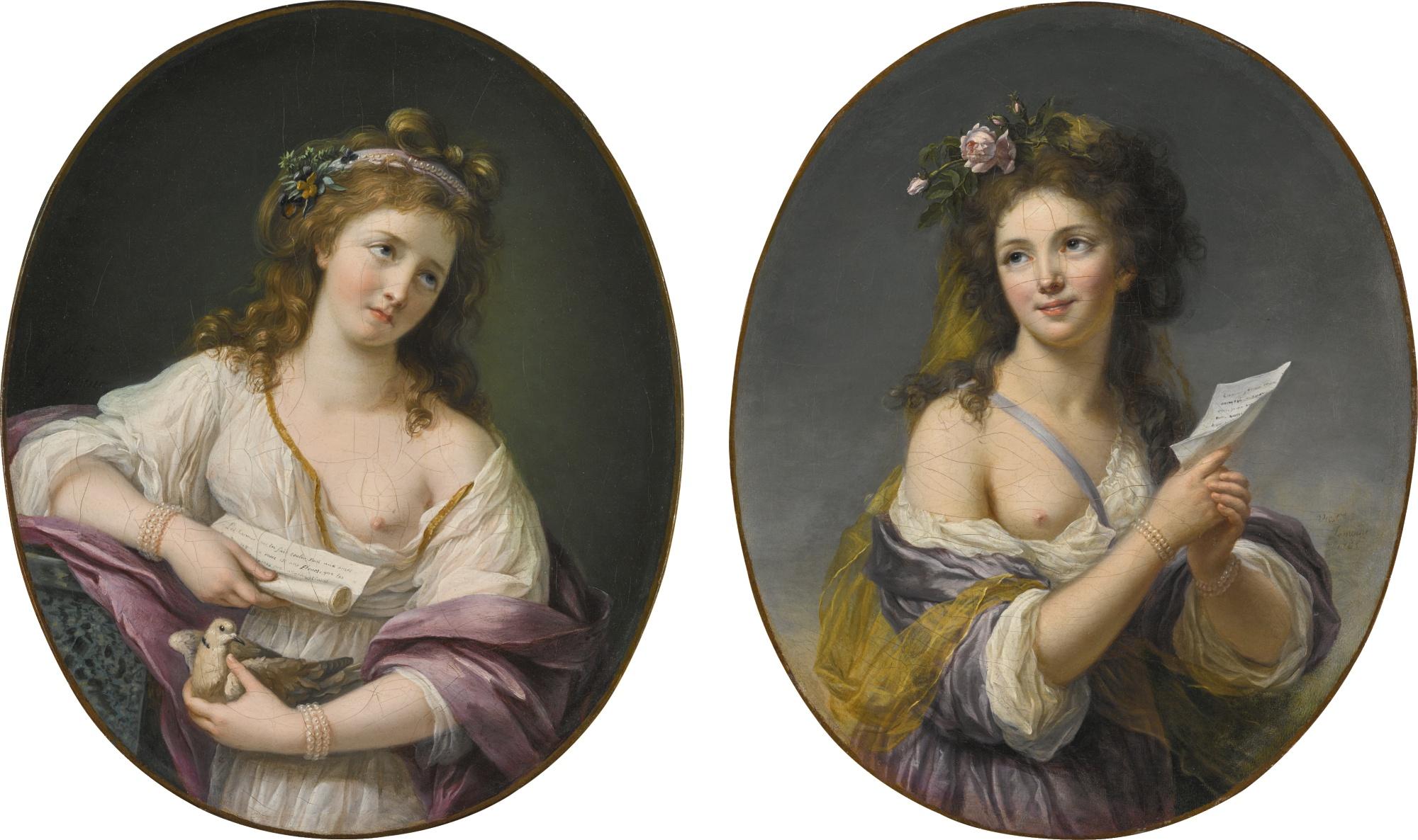 Marie-Victoire Lemoine - A Melancholy Girl Holding A Letter And A Dove; A Joyful Girl Holding A Letter