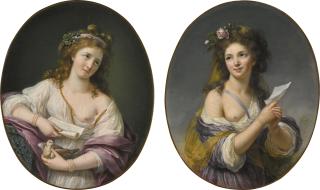 Marie-Victoire Lemoine - A Melancholy Girl Holding A Letter And A Dove; A Joyful Girl Holding A Letter
