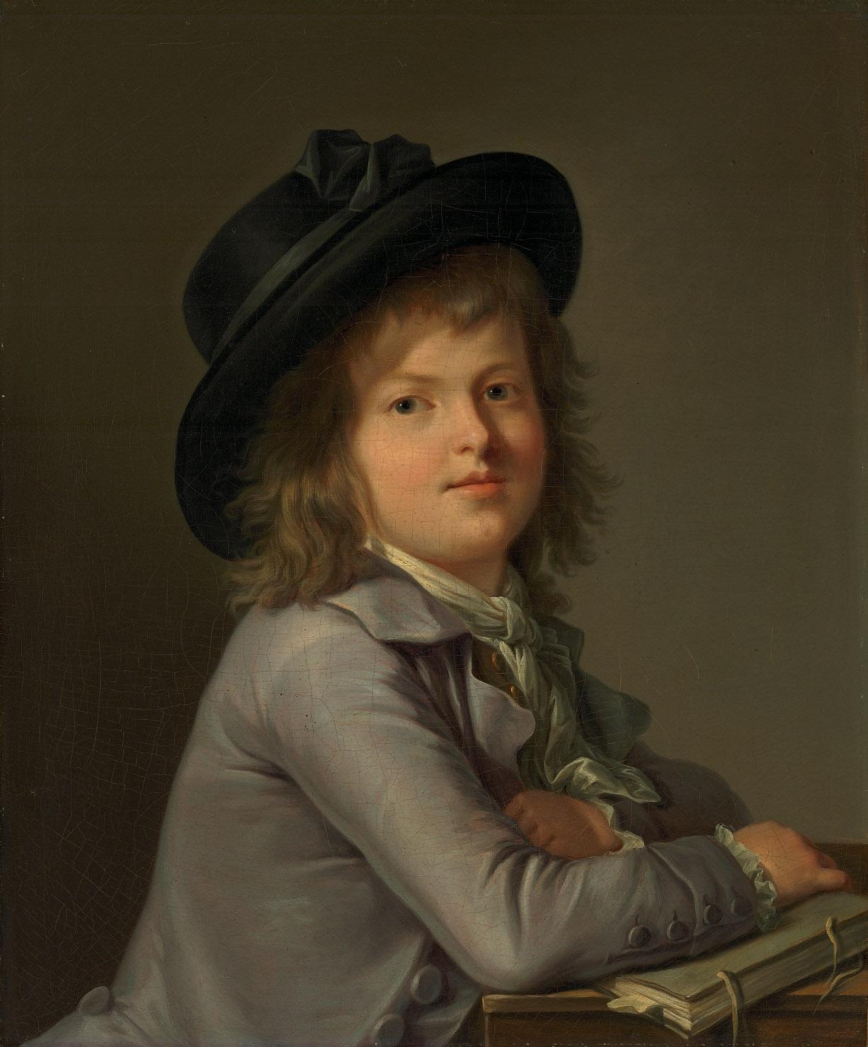 Marie Victoire Lemoine - Portrait of a boy, in a black hat, leaning on a portfolio