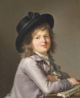 Marie-Victoire Lemoine - Portrait of a young boy, half-length, in a grey jacket and a black hat, at a table with a book