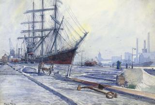 Marin-Marie - View of a dockyard with a three-master lying alongside a quay