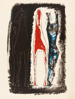 Marino Marini - Jongleur et deux chevaux, bleu, brun et noir