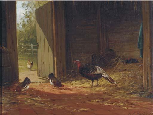 Marinus Adrianus Koekkoek Jun. - Turkey With Chickens In The Stable