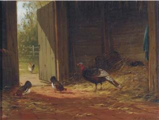 Marinus Adrianus Koekkoek Jun. - Turkey With Chickens In The Stable