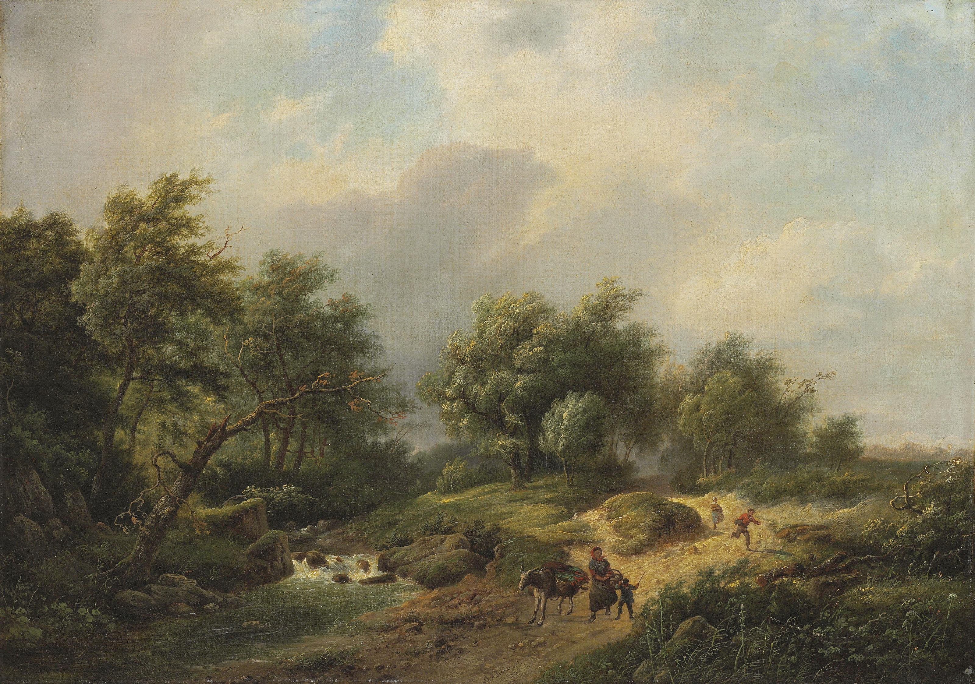 Marinus Adrianus Koekkoek - A Family on a Track with a Donkey