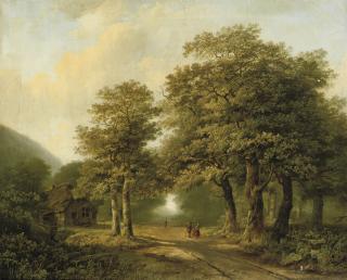 Marinus Adrianus Koekkoek - A forest with figures on a sunlit path