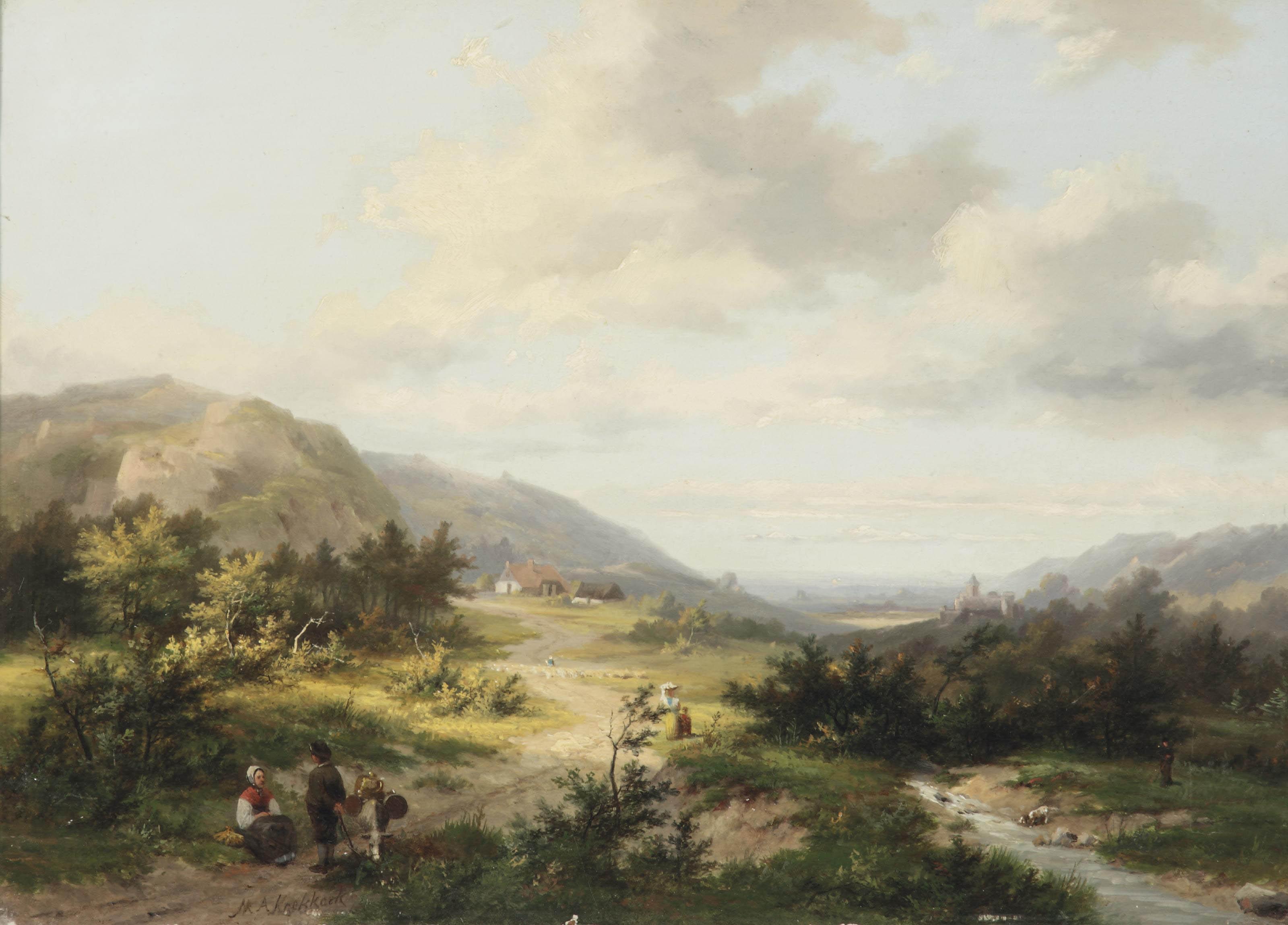 Marinus Adrianus Koekkoek - A hilly landscape with travellers and a shepherd on a track, a castle in the distance