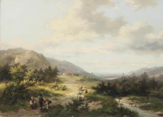 Marinus Adrianus Koekkoek - A hilly landscape with travellers and a shepherd on a track, a castle in the distance