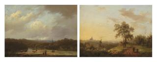 Marinus Adrianus Koekkoek - A river landscape with watering cows; and Travellers resting in a summer landscape