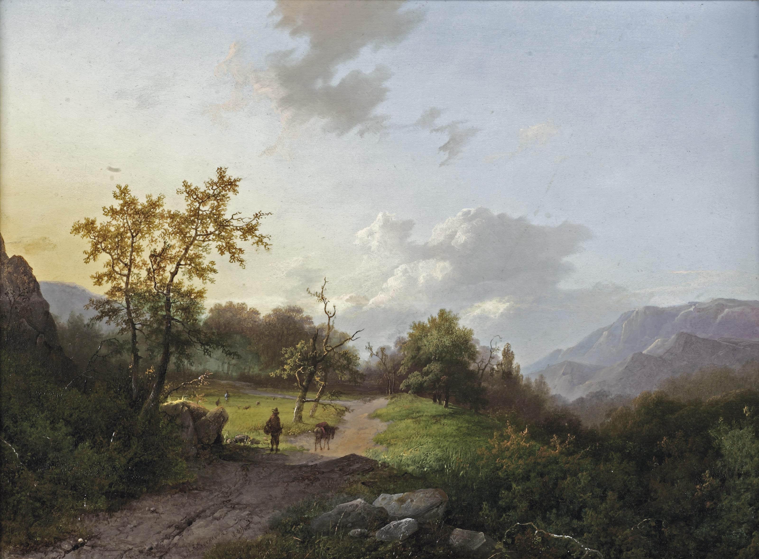 Marinus Adrianus Koekkoek - A traveler and his donkey in a mountainous landscape
