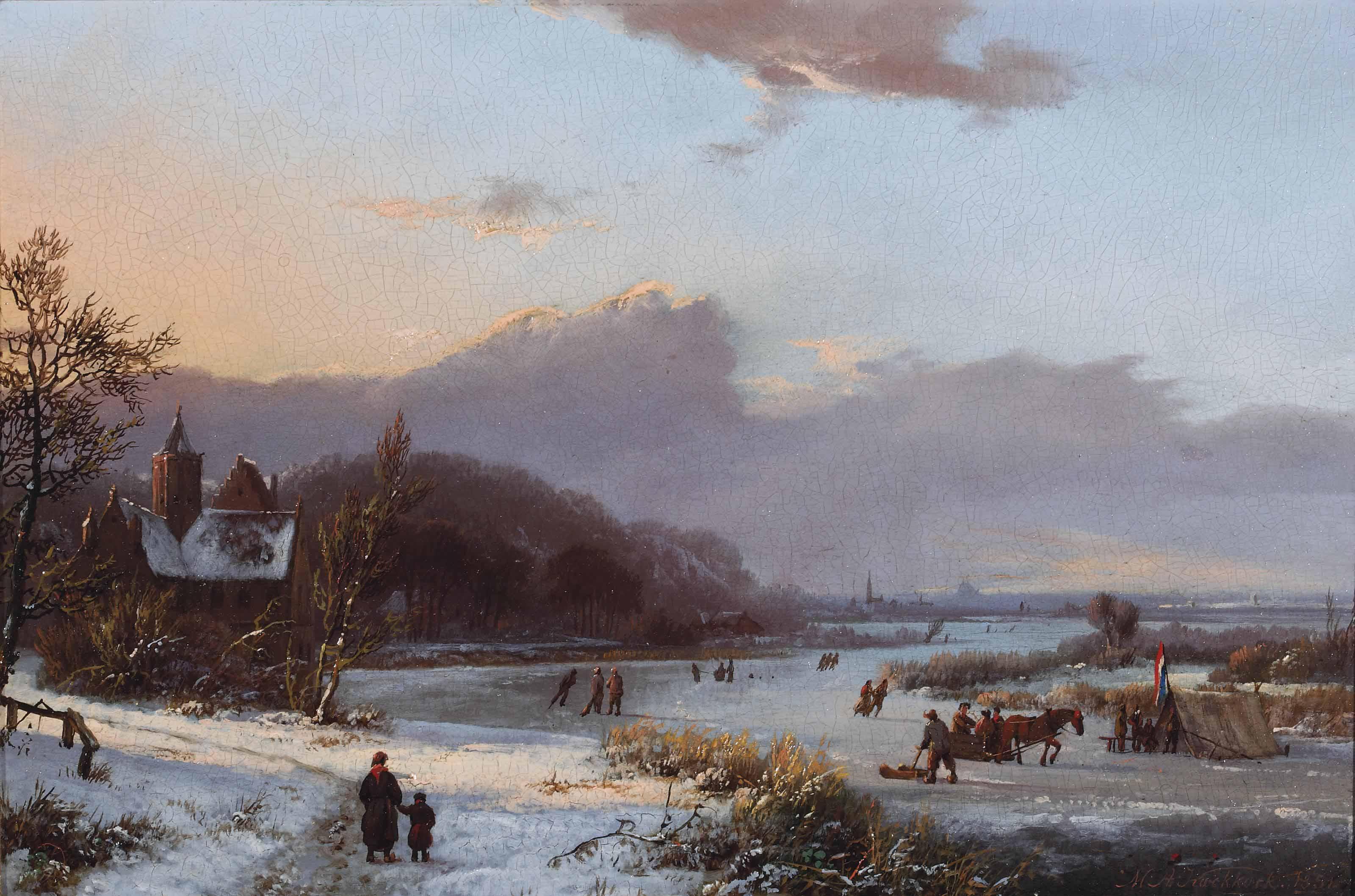 Marinus Adrianus Koekkoek - A winter landscape with skaters on the ice near a  koek-en-zopie