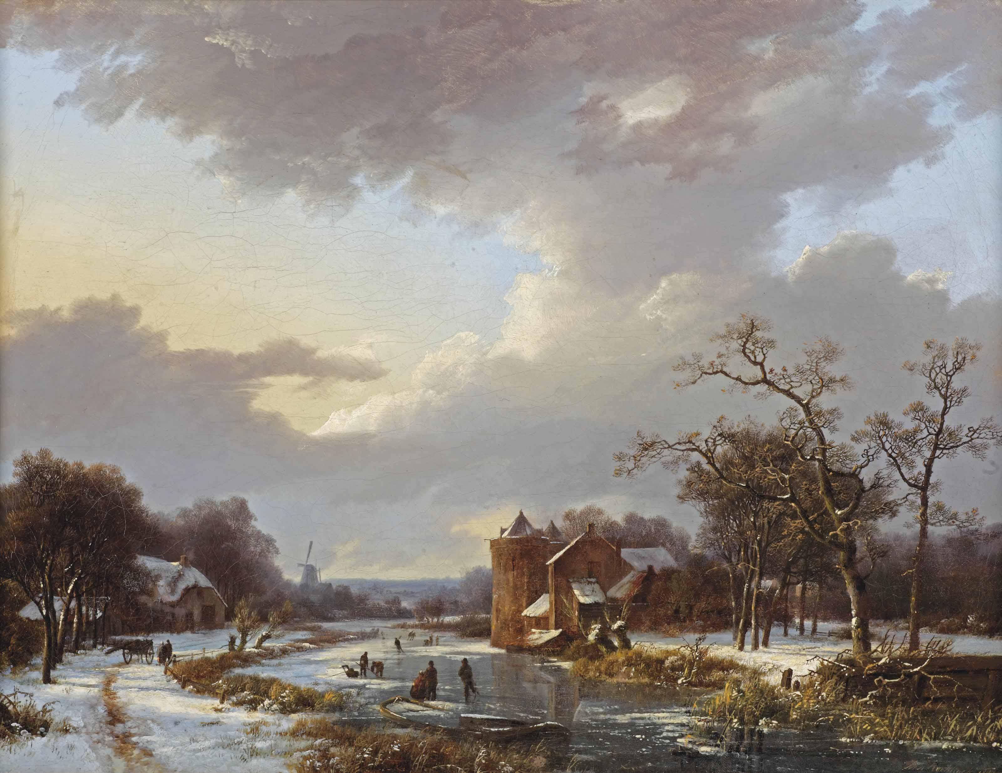 Marinus Adrianus Koekkoek - A Winter Scene With Figures On A Frozen Waterway By A Castle