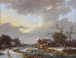 Marinus Adrianus Koekkoek - A Winter Scene With Figures On A Frozen Waterway By A Castle