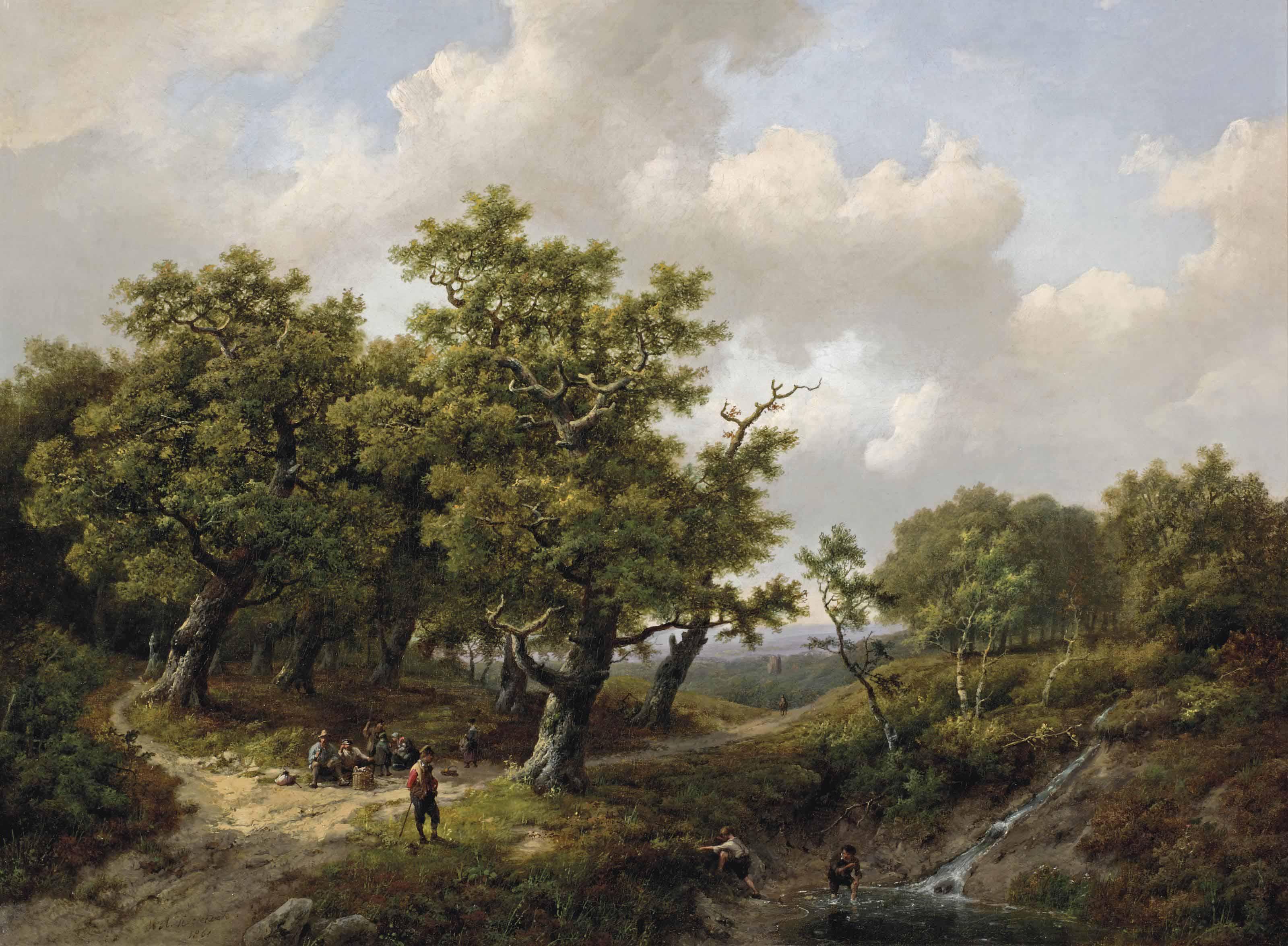 Marinus Adrianus Koekkoek - A wooded landscape with figures resting near a stream