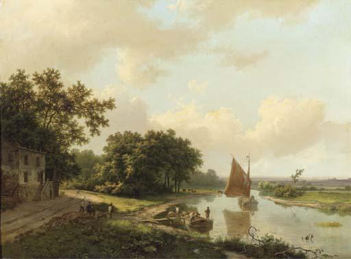 Marinus Adrianus Koekkoek - An extensive riverlandscape with figures unloading a stone transport