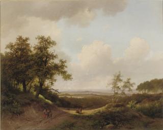 Marinus Adrianus Koekkoek - An extensive summer landscape with figures on a path