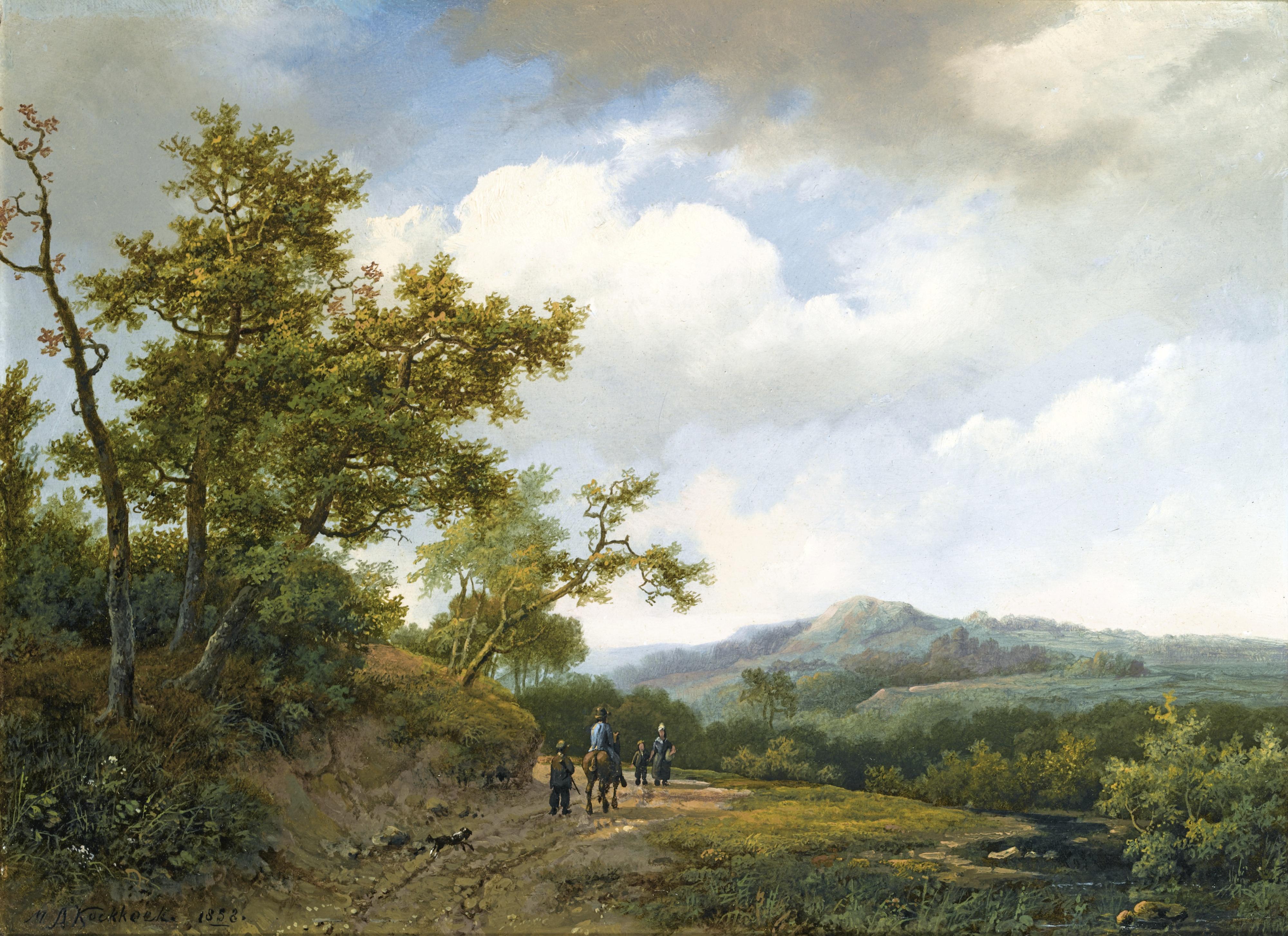 Marinus Adrianus Koekkoek - Dutch figures On A Sandy Track In A Hilly Landscape