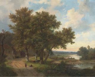 Marinus Adrianus Koekkoek - Figures at a riverside cottage