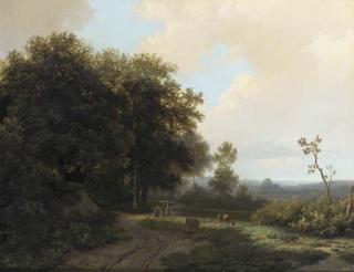 Marinus Adrianus Koekkoek - Figures conversing on a sandy track at the edge of a forest