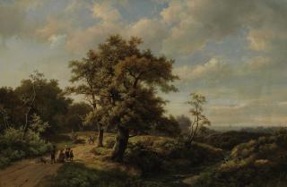 Marinus Adrianus Koekkoek - Figures resting by a stream in a wooded landscape