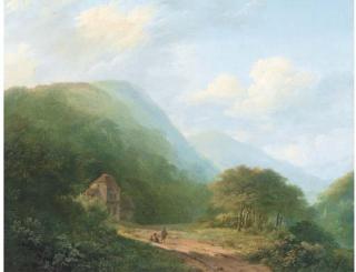 Marinus Adrianus Koekkoek - Travellers Before A Forest Lodge