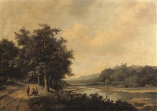 Marinus Adrianus Koekkoek - Travellers resting on a sandy track near a river