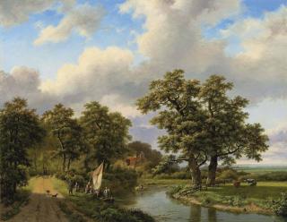 Marinus Adrianus Koekkoek - Wooded Landscape With Figures And Cattle By A River