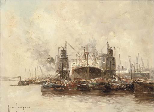 Marinus Johannes de Jongere - A Busy Harbour View