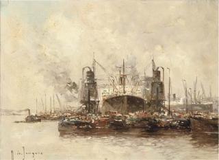 Marinus Johannes de Jongere - A Busy Harbour View