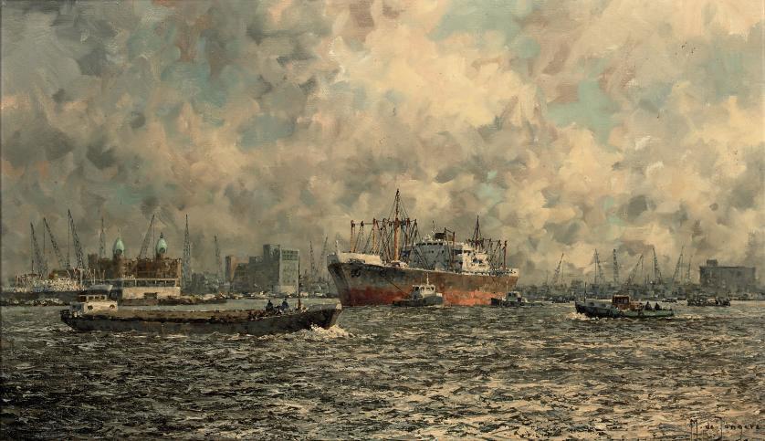 Marinus Johannes De Jongere - Boating on the river Maas with Hotel New York in the distance, Rotterdam