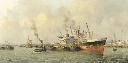 Marinus Johannes Drulman - A Cargoship In The Harbour Of Rotterdam