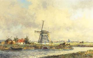 Marinus Johannes Drulman - The windmill De Slaper with the village of Berkel in the distance