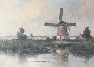 Marinus Johannes Drulman - Windmills in a polder landscape near Ridderkerk