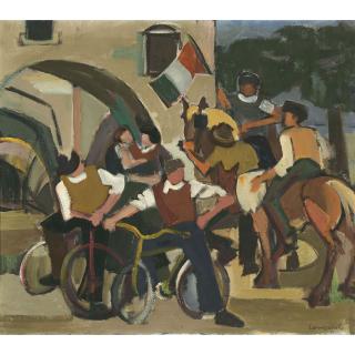 Mario Comensoli - Gruppe Von Radfahrern Und Reitern, 1951 Group Of Cyclists And Horsemen, 1951