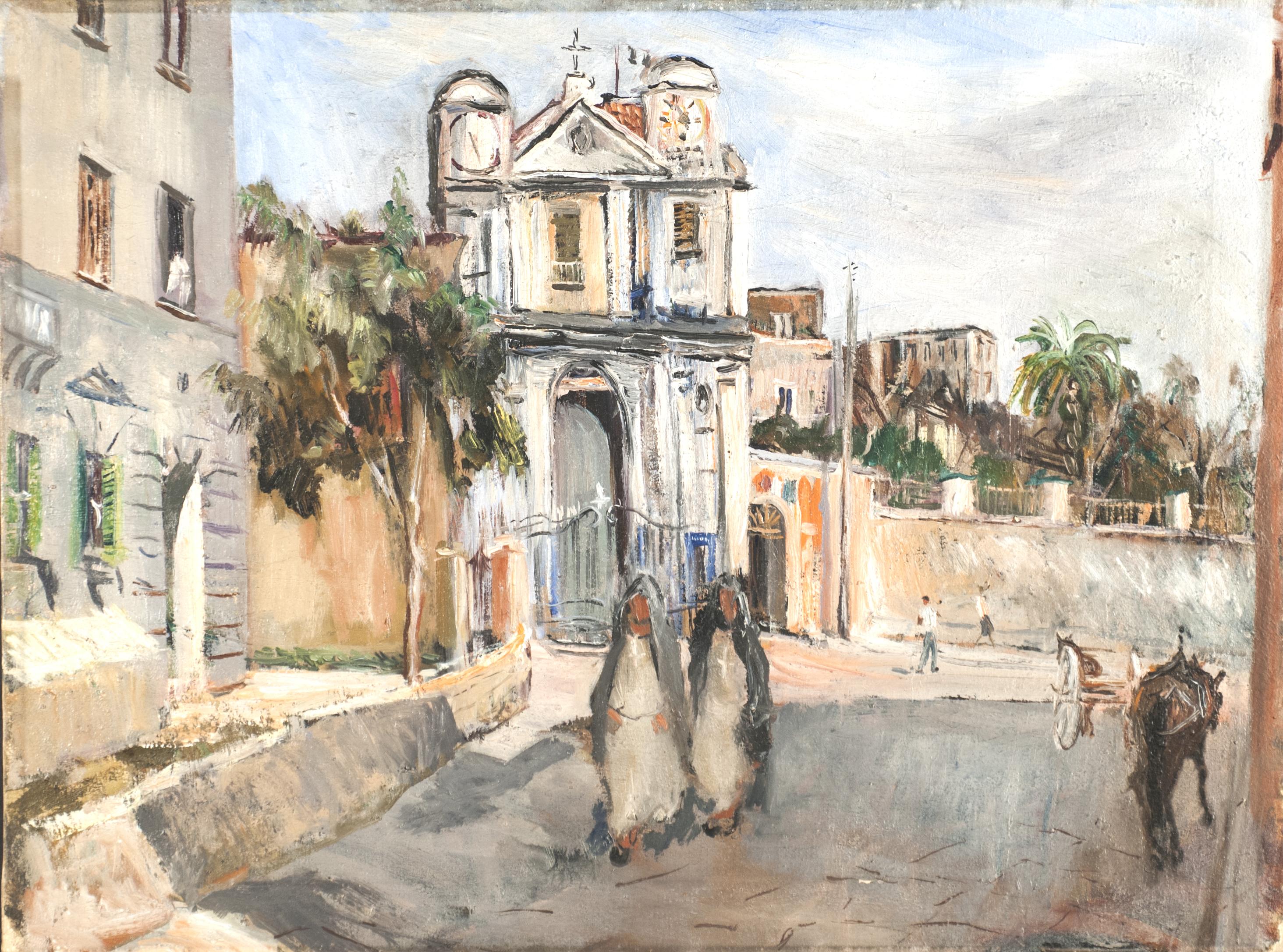 Mario Cortiello - Scorcio di paese con chiesa e suore