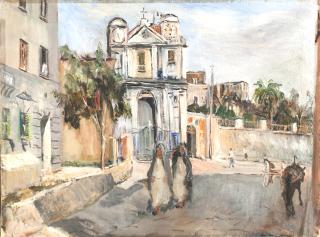 Mario Cortiello - Scorcio di paese con chiesa e suore