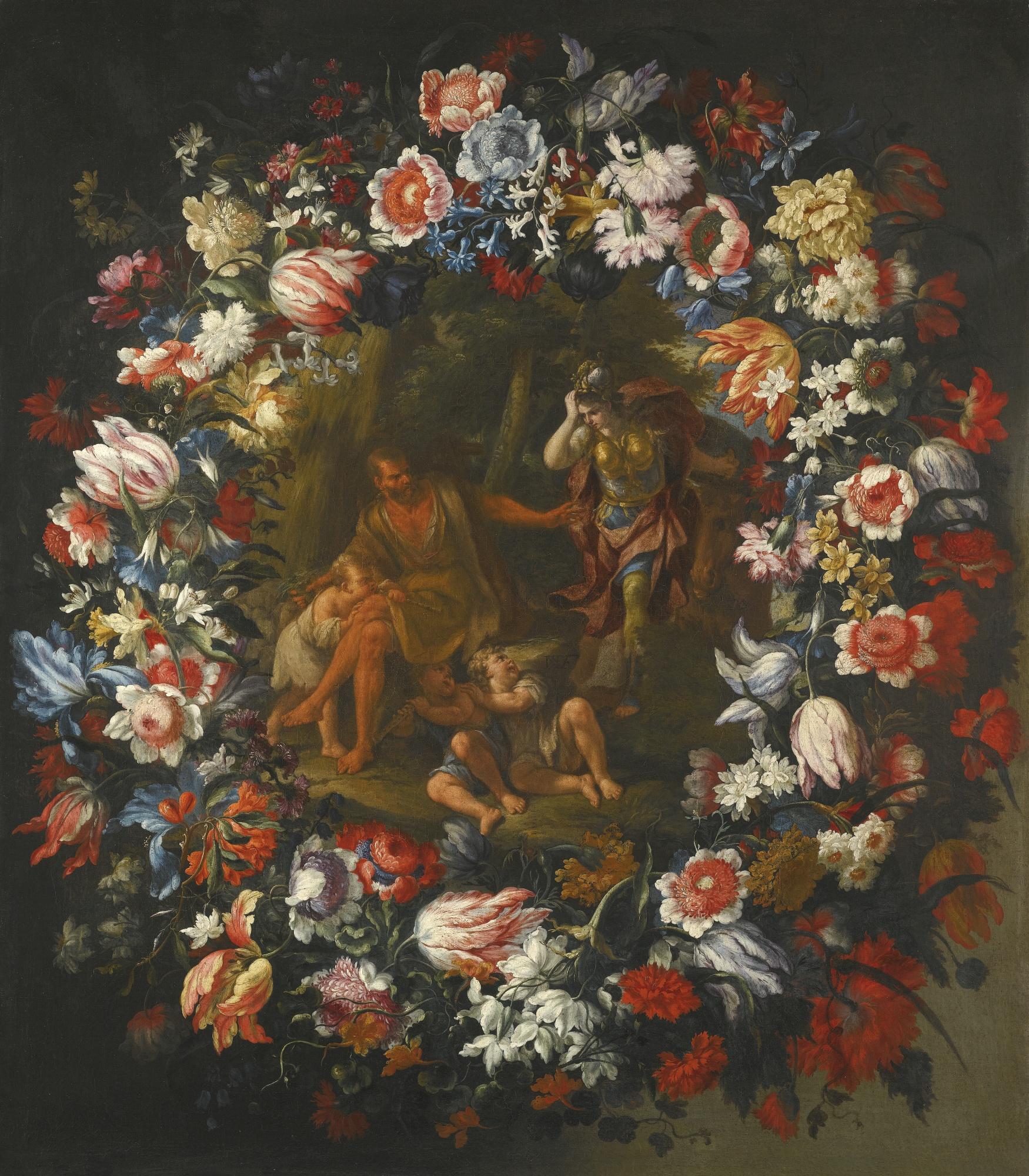 Mario Nuzzi - A Garland Of Flowers Surrounding A Scene Depicting Erminia And The Shepherd