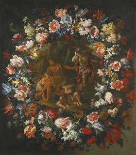 Mario Nuzzi - A Garland Of Flowers Surrounding A Scene Depicting Erminia And The Shepherd