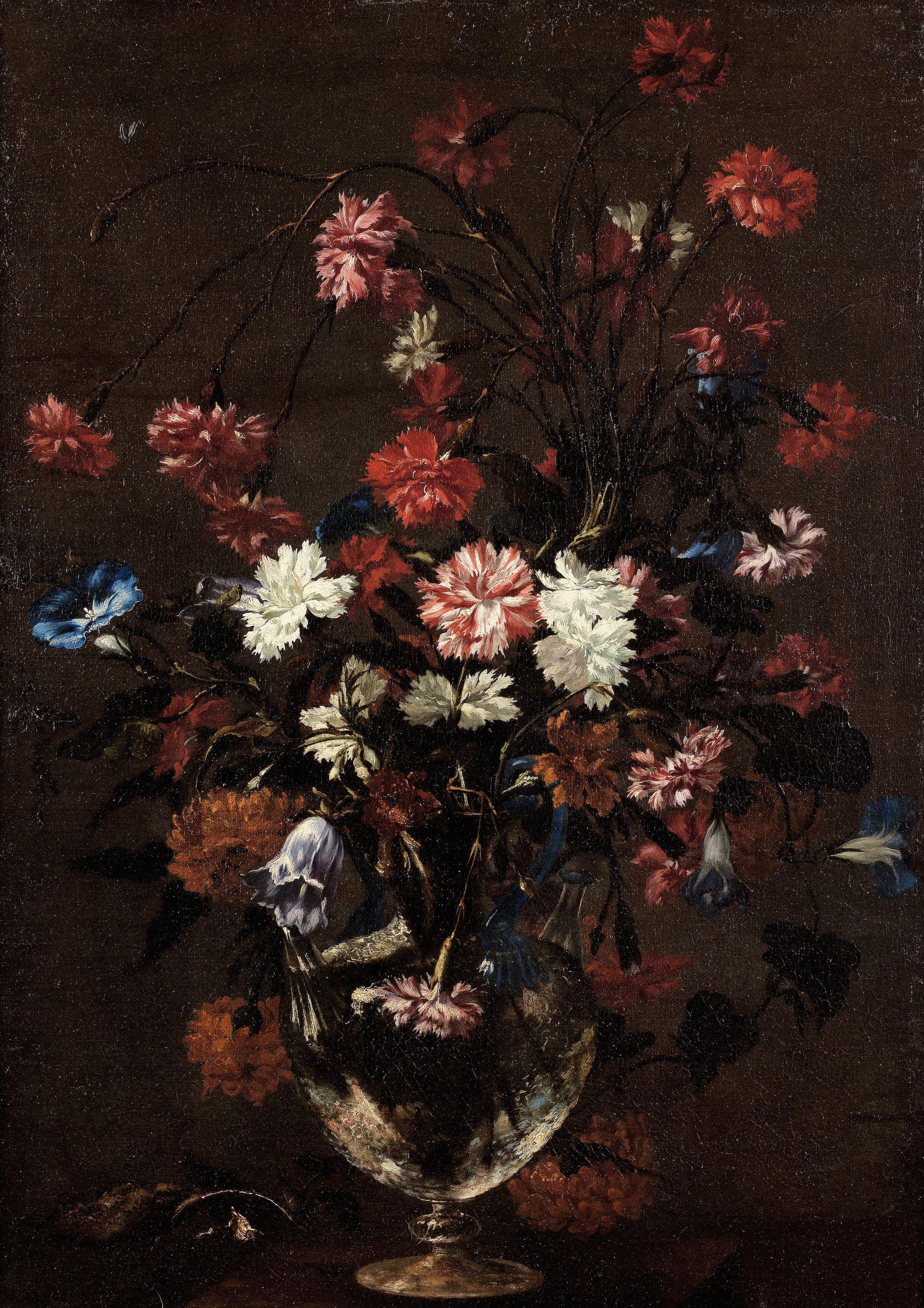 Mario Nuzzi - Chrysanthemums, convolvulus, a tulip and other flowers in a glass vase